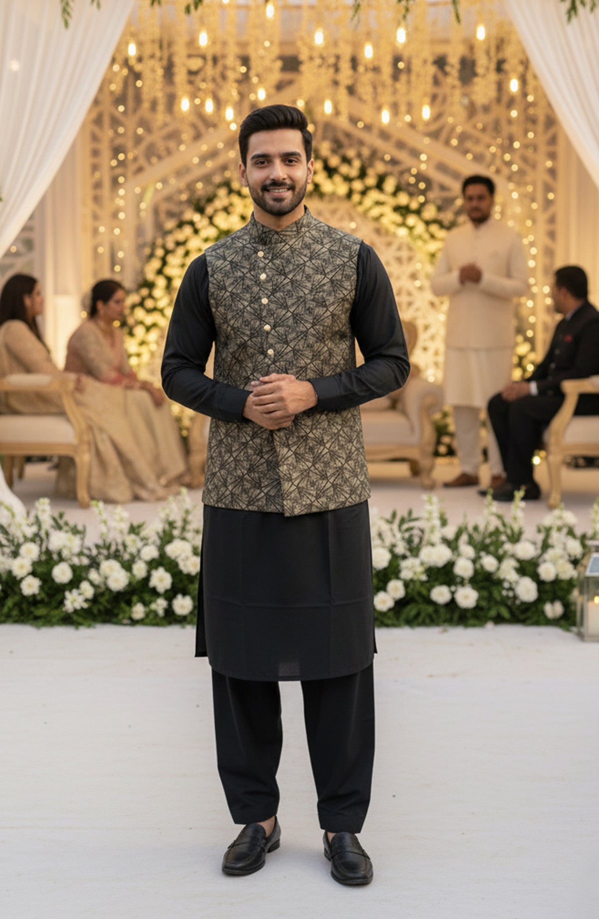 TGM The Royal Edit Suiting Stitched Three Piece with matching Suit - Golden Shadow (3pc) - TGM26ROY - Golden - Men Festive Collection