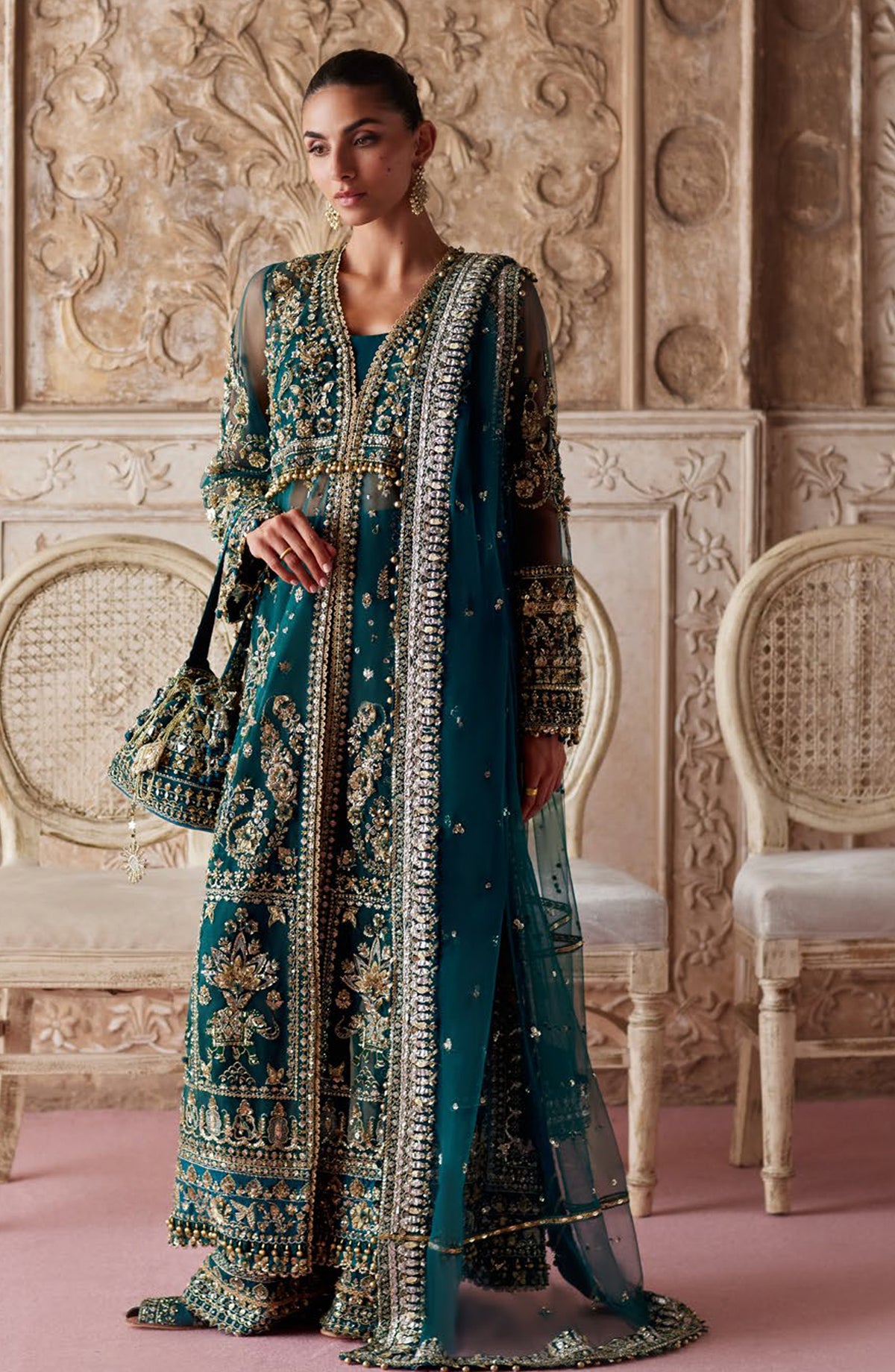 Gossamer by Zaha Luxury Embroidered Net Unstitched 3 Piece Suit - ZC25-05 AYLIN-E-JADE - ZAH25GS - Teal - Wedding Festive Collection