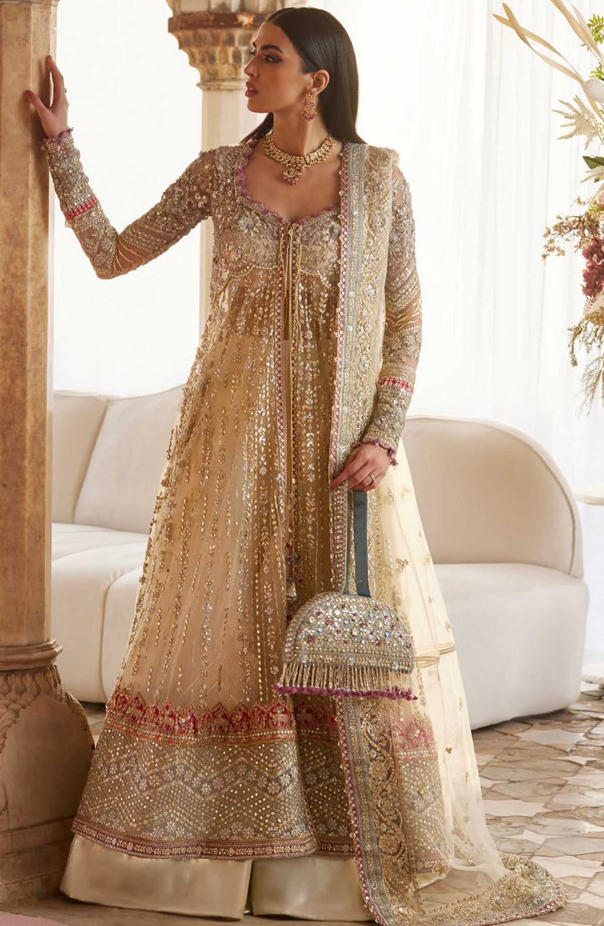 Gossamer by Zaha Luxury Embroidered Net Unstitched 3 Piece Suit - ZC25-06 ZAR-E-MAHR - ZAH25GS - Fawn - Wedding Festive Collection