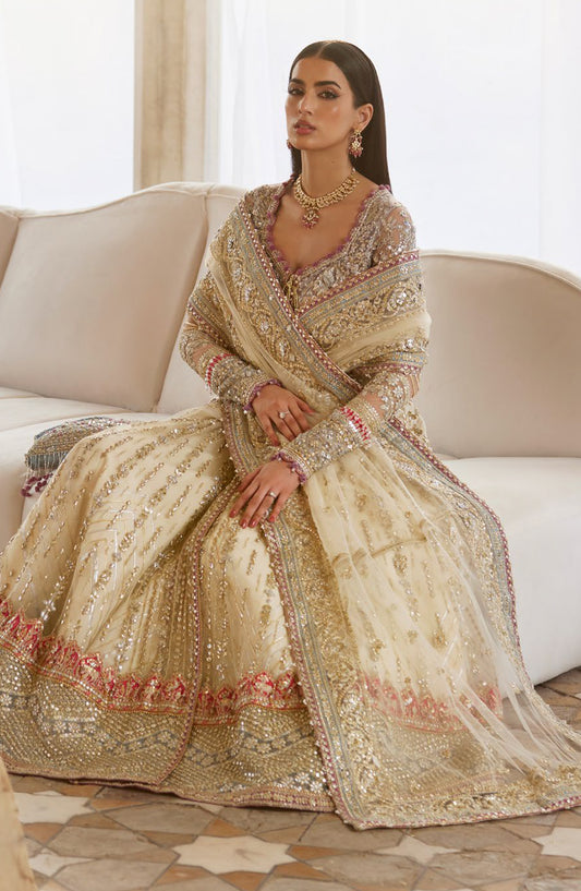 Gossamer by Zaha Luxury Embroidered Net Unstitched 3 Piece Suit - ZC25-06 ZAR-E-MAHR - ZAH25GS - Fawn - Wedding Festive Collection