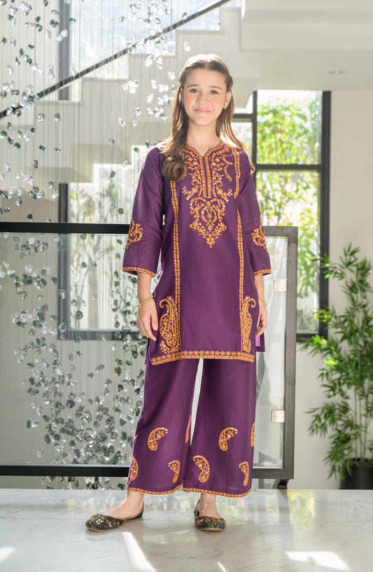 Fresh Birds Embroidered Cotton Lawn Stitched 2 Piece Suit - Granite - FBR26FS - purple - Festive Girls Collection