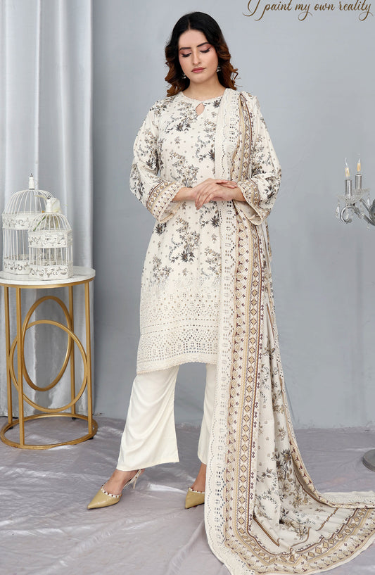 Gul-e-Noor by Shaista Digital Print & Embroidered Marina Unstitched 3 Piece Suit - D-07 - SHS25GLN - Off White - Winter Collection