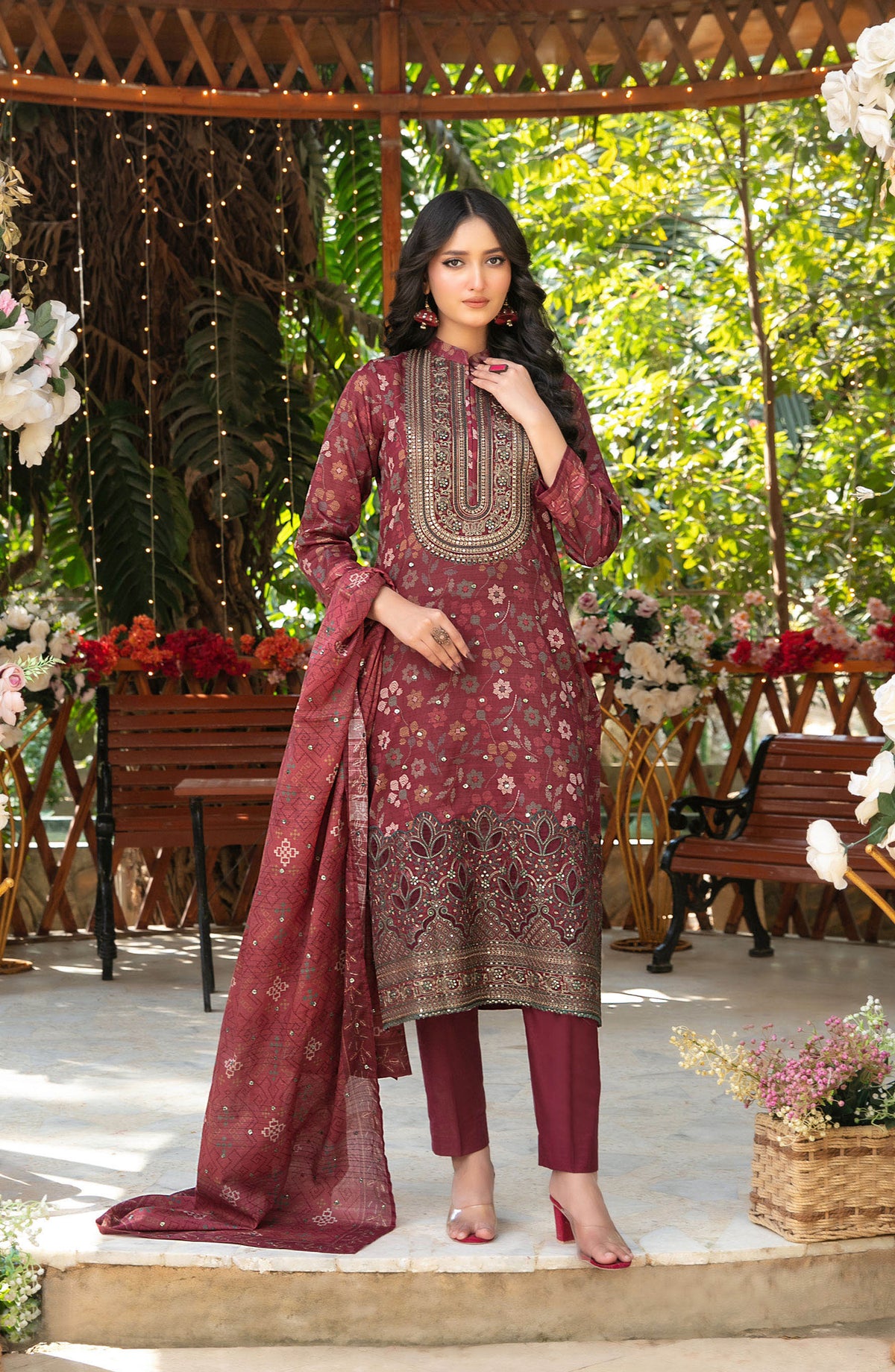 Gul Bahaar by Tawakkal Fabrics Embroidered Lawn Unstitched 3 Piece Suit - D-2783 - TF26GB - Maroon - Summer Collection