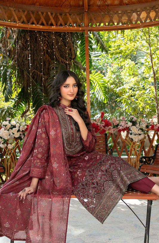 Gul Bahaar by Tawakkal Fabrics Embroidered Lawn Unstitched 3 Piece Suit - D-2783 - TF26GB - Maroon - Summer Collection