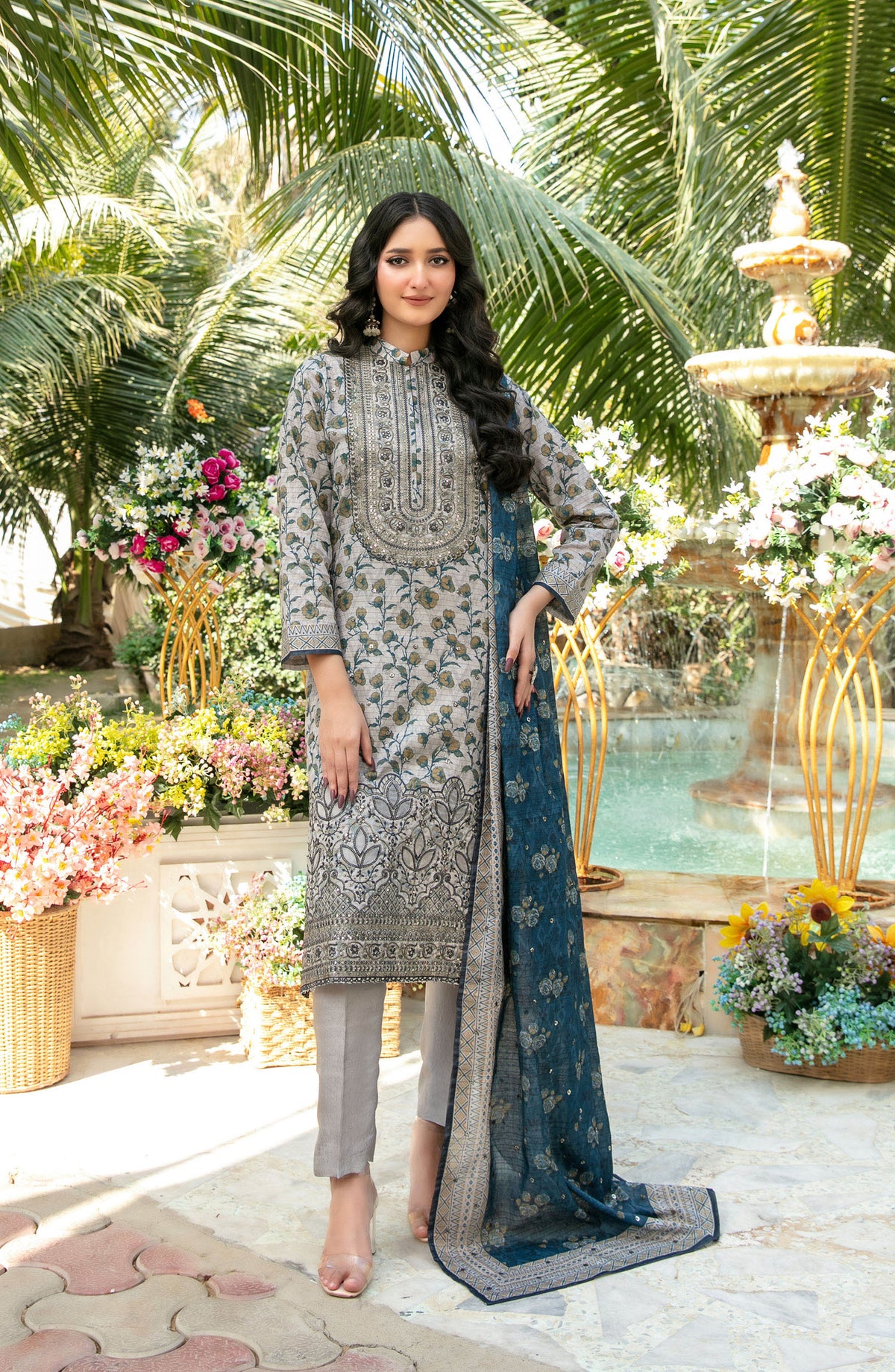 Gul Bahaar by Tawakkal Fabrics Embroidered Lawn Unstitched 3 Piece Suit - D-2781 - TF26GB - Grey - Summer Collection