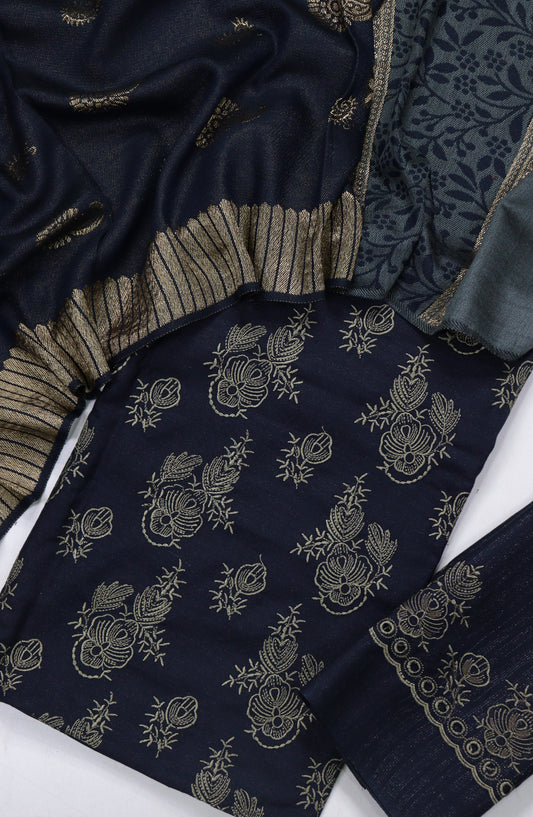 Chamki Embroidered Dhanak Unstitched 3 Piece Suit - Design-05 - GU25CHM - Blue - Winter Collection