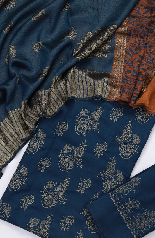 Chamki Embroidered Dhanak Unstitched 3 Piece Suit - Design-02 - GU25CHM - Blue - Winter Collection