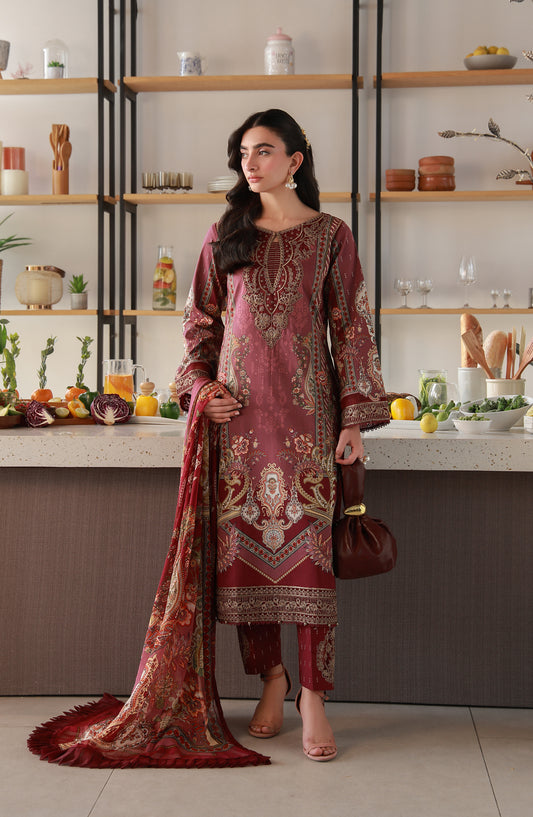 Gulaal Embroidered Lawn Unstitched 3 Piece Suit - D-06 Reva - GUL26LN - Maroon - Luxury Collection