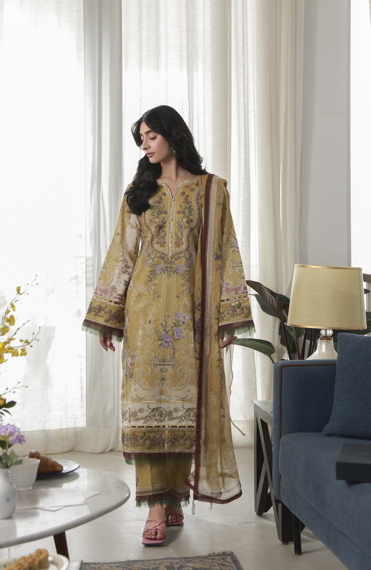 Gulaal Embroidered Lawn Unstitched 3 Piece Suit - D-07 Esme - GUL26LN - Yellow - Luxury Collection