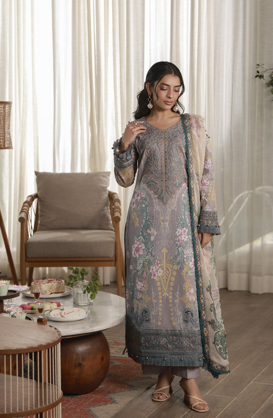 Gulaal Embroidered Lawn Unstitched 3 Piece Suit - D-02 Orra - GUL26LN - Grey - Luxury Collection