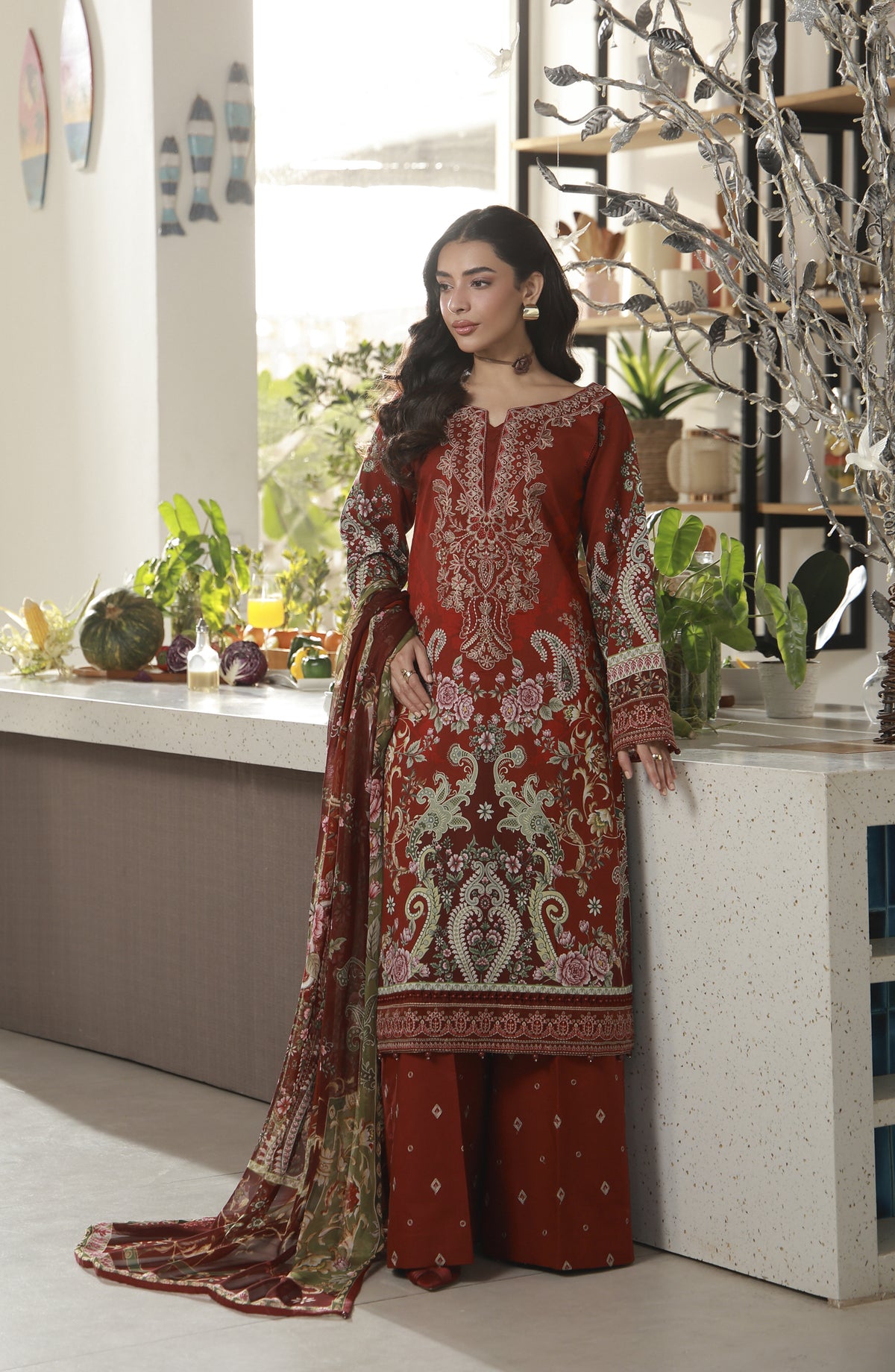 Gulaal Embroidered Lawn Unstitched 3 Piece Suit - D-09 Siaa - GUL26LN - Rust - Luxury Collection