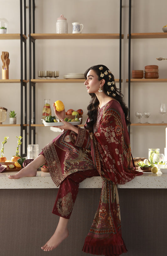 Gulaal Embroidered Lawn Unstitched 3 Piece Suit - D-06 Reva - GUL26LN - Maroon - Luxury Collection