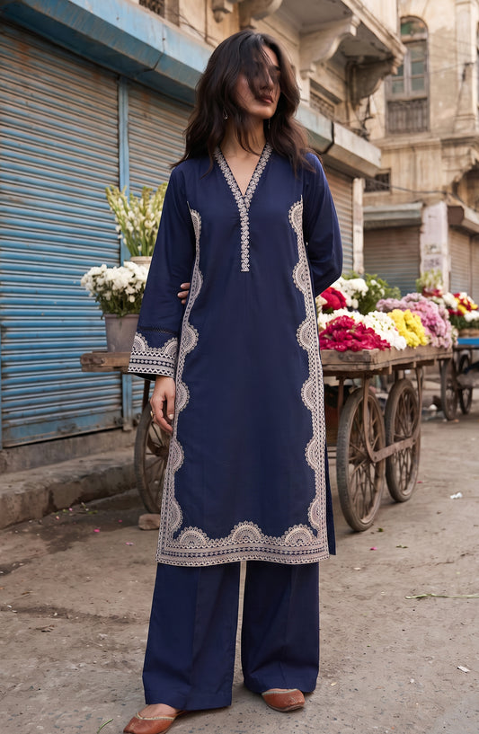Gul e Jana by Amna Khadija Embroidered Cotton Stitched 2 Piece Co-ord Set - AKGJ-02 - AM26GLJ - Blue - Summer Collection