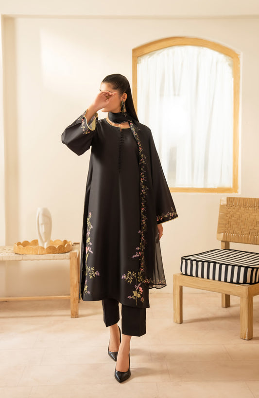 Gul e Jana by Casual Lite Premium Printed Silk Viscose Stitched 3 Piece Suit - Noir Garden - CL25GLJ - Black - Casual Collection