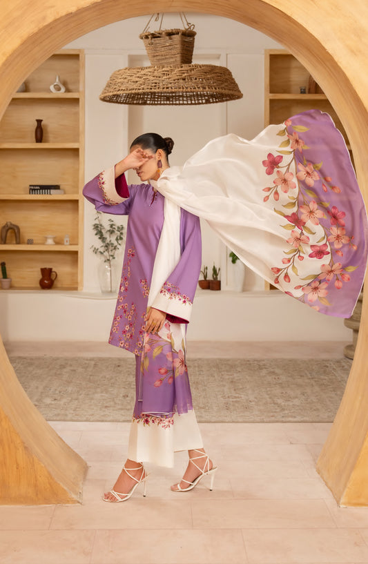 Gul e Jana by Casual Lite Premium Printed Silk Viscose Stitched 3 Piece Suit - Scarlet Bloom - CL25GLJ - Purple - Casual Collection