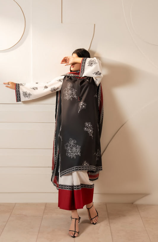 Gul e Jana by Casual Lite Premium Printed Silk Viscose Stitched 3 Piece Suit - Monochrome Muse - CL25GLJ - Black - Casual Collection