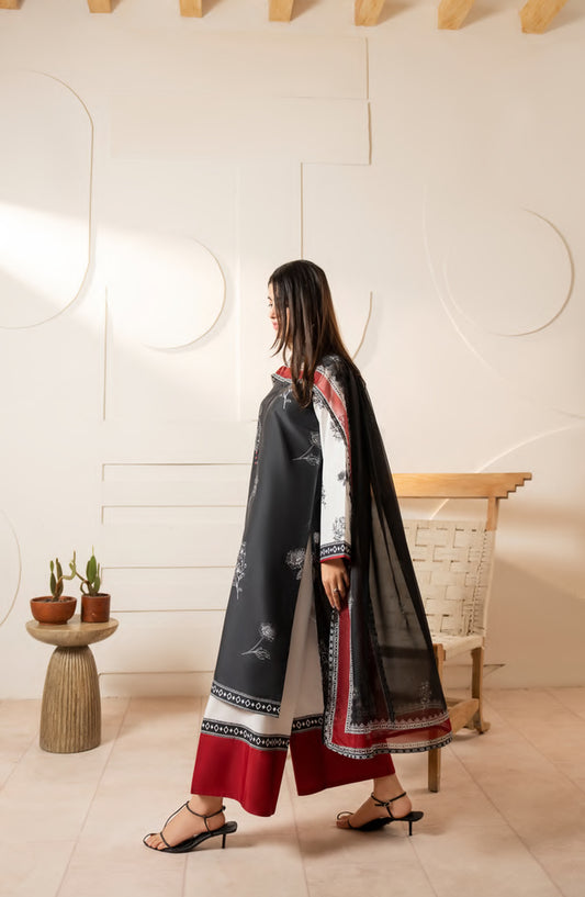 Gul e Jana by Casual Lite Premium Printed Silk Viscose Stitched 3 Piece Suit - Monochrome Muse - CL25GLJ - Black - Casual Collection