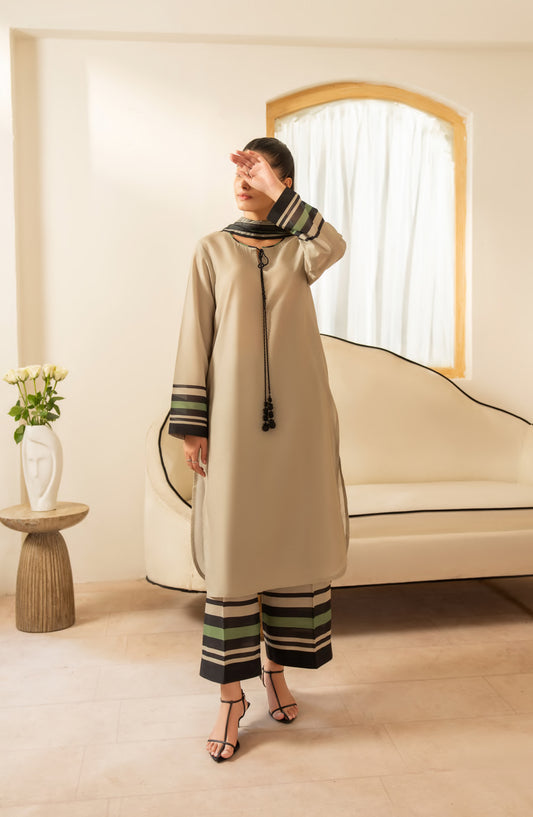 Gul e Jana by Casual Lite Premium Printed Silk Viscose Stitched 3 Piece Suit - Olive Dusk - CL25GLJ - Olive - Casual Collection