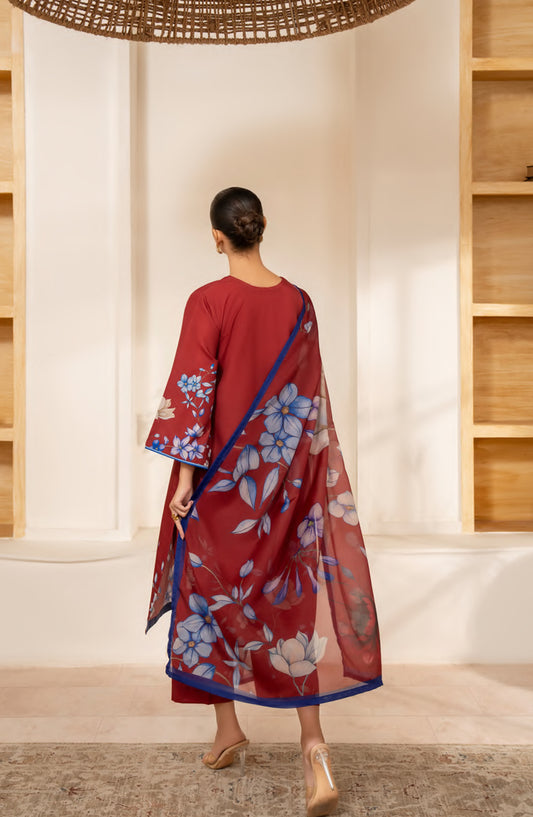 Gul e Jana by Casual Lite Premium Printed Silk Viscose Stitched 3 Piece Suit - Crimson Bloom - CL25GLJ - Red - Casual Collection