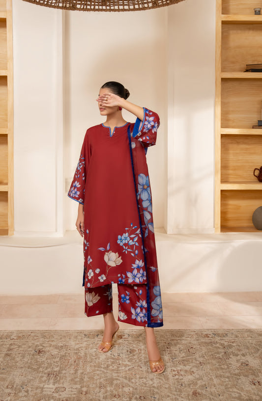 Gul e Jana by Casual Lite Premium Printed Silk Viscose Stitched 3 Piece Suit - Crimson Bloom - CL25GLJ - Red - Casual Collection