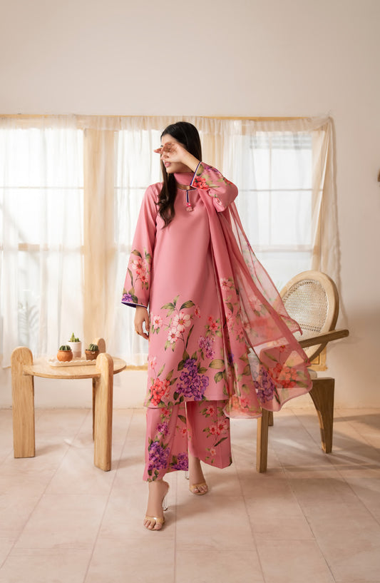 Gul e Jana by Casual Lite Premium Printed Silk Viscose Stitched 3 Piece Suit - Petal Bloom - CL25GLJ - Pink - Casual Collection