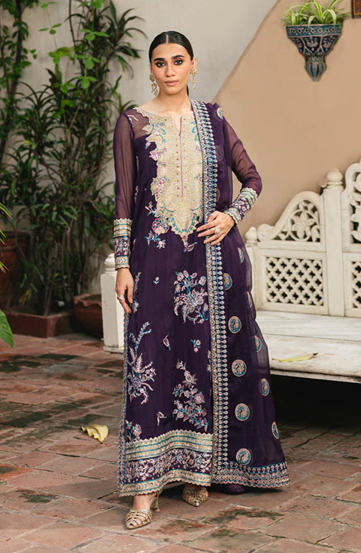 Gulnaar by Freesia Embroidered Chiffon Unstitched 3 Piece Suit - POLINA - FSU5650 - FS25GLN - Purple - Luxury Collection