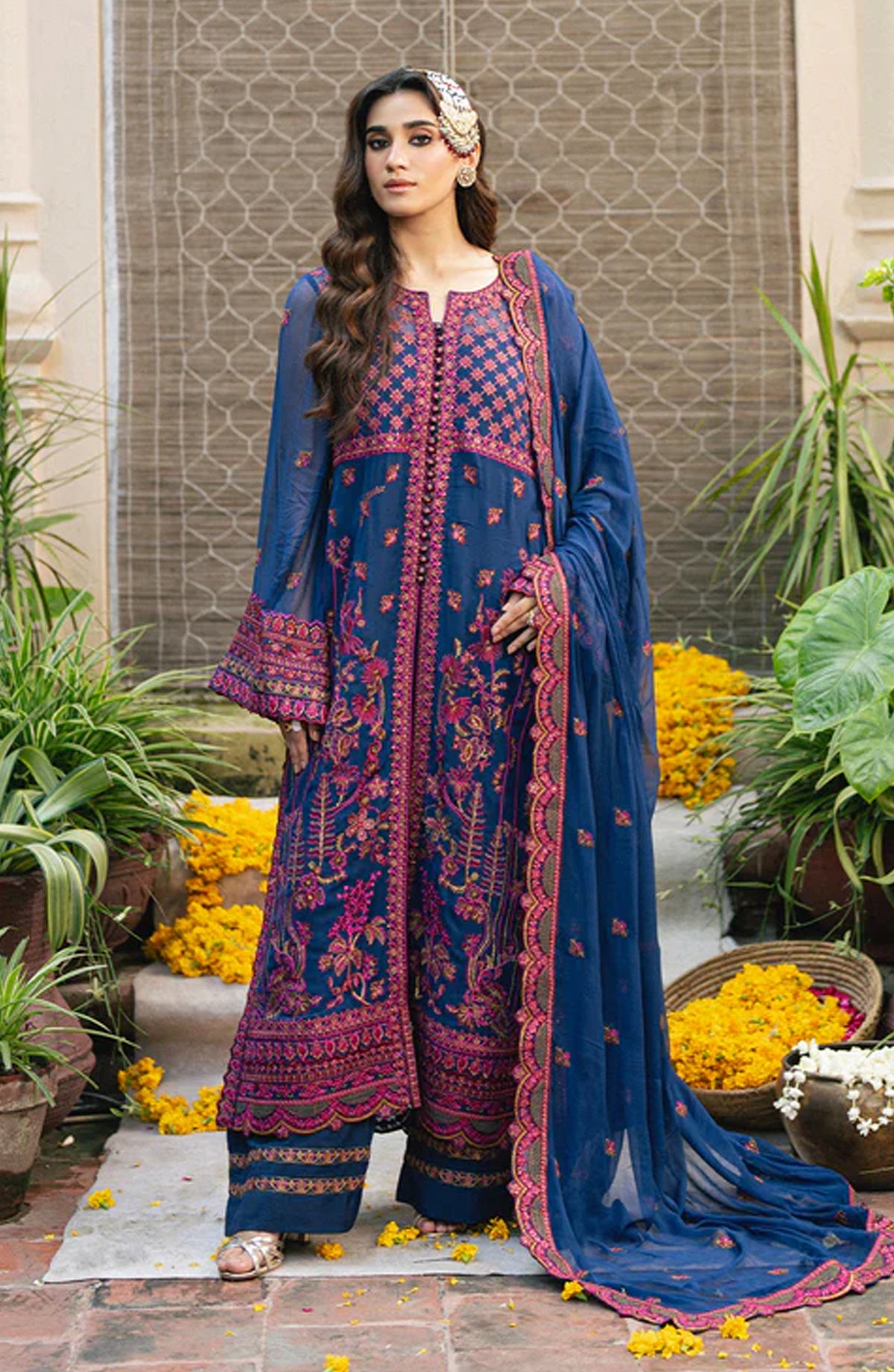 Gulnaar by Freesia Embroidered Chiffon Unstitched 3 Piece Suit - ROKSANA - FSU5653 - FS25GLN - Blue - Luxury Collection