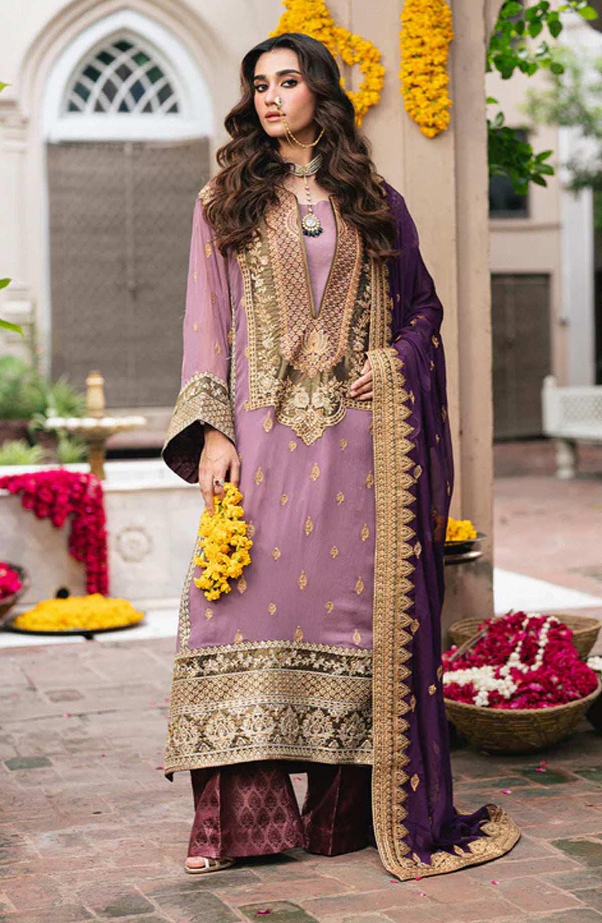 Gulnaar by Freesia Embroidered Chiffon Unstitched 3 Piece Suit - KAMILLA - FSU5654 - FS25GLN - Purple - Luxury Collection