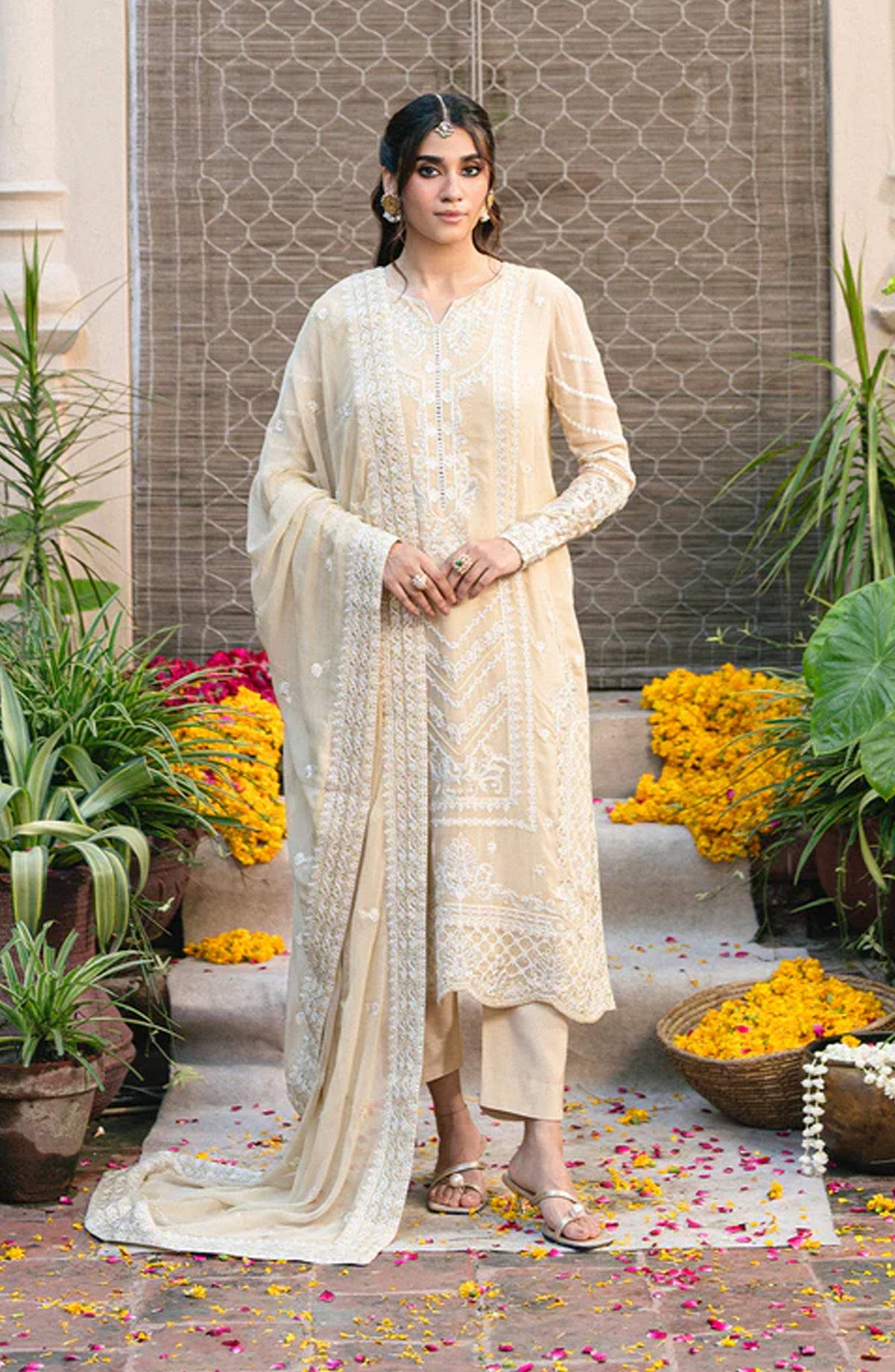Gulnaar by Freesia Embroidered Chiffon Unstitched 3 Piece Suit - ANASTASIA - FSU5655 - FS25GLN - Fawn - Luxury Collection