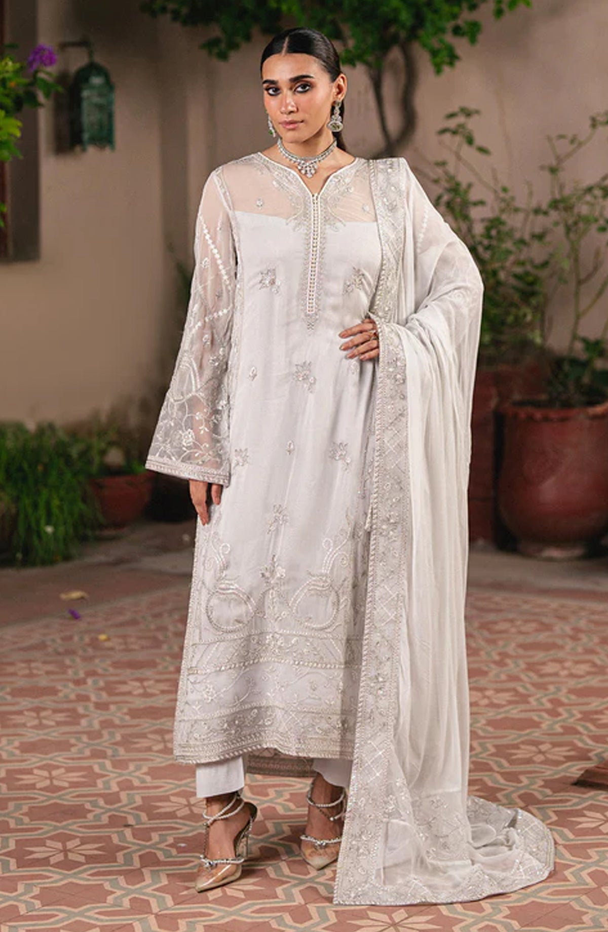 Gulnaar by Freesia Embroidered Chiffon Unstitched 3 Piece Suit - FAINA - FSU5656 - FS25GLN - Silver - Luxury Collection