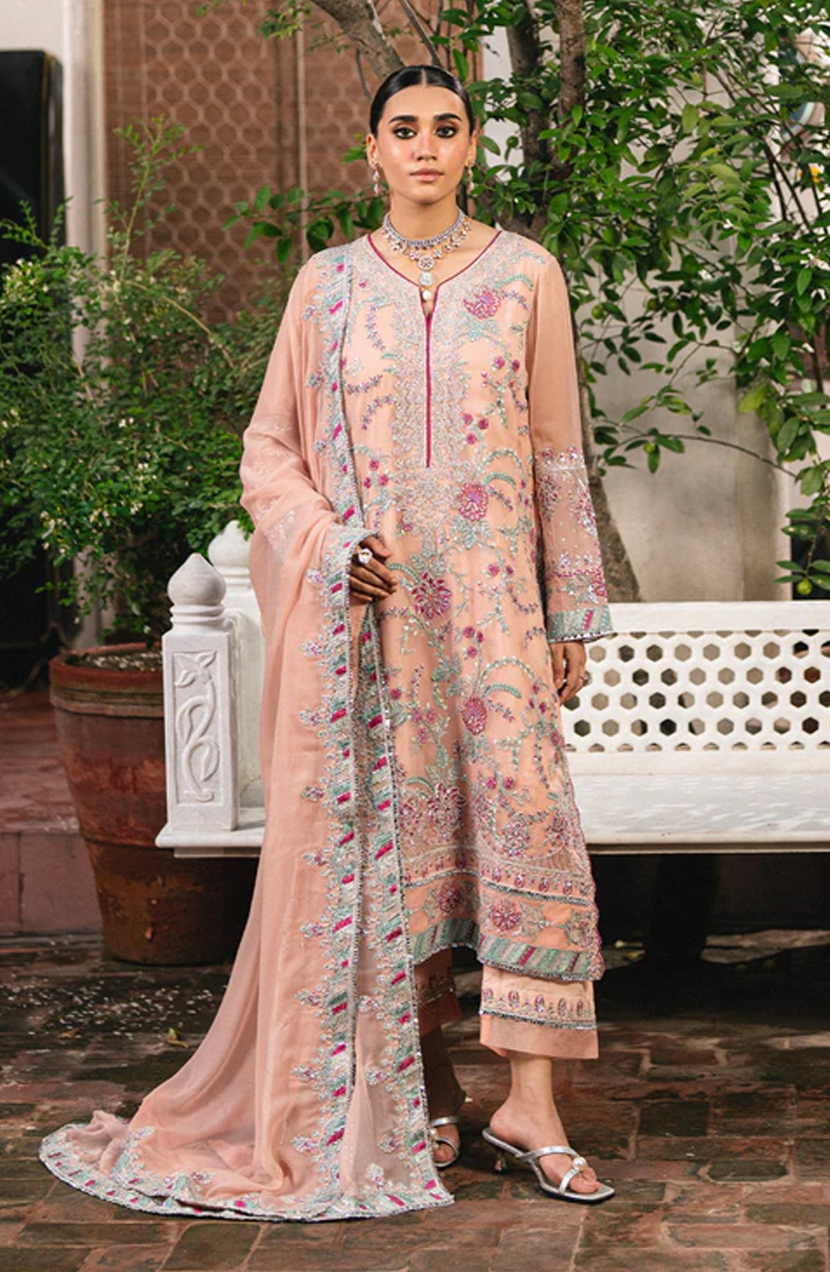 Gulnaar by Freesia Embroidered Chiffon Unstitched 3 Piece Suit - ANYA - FSU5659 - FS25GLN - Pink - Luxury Collection