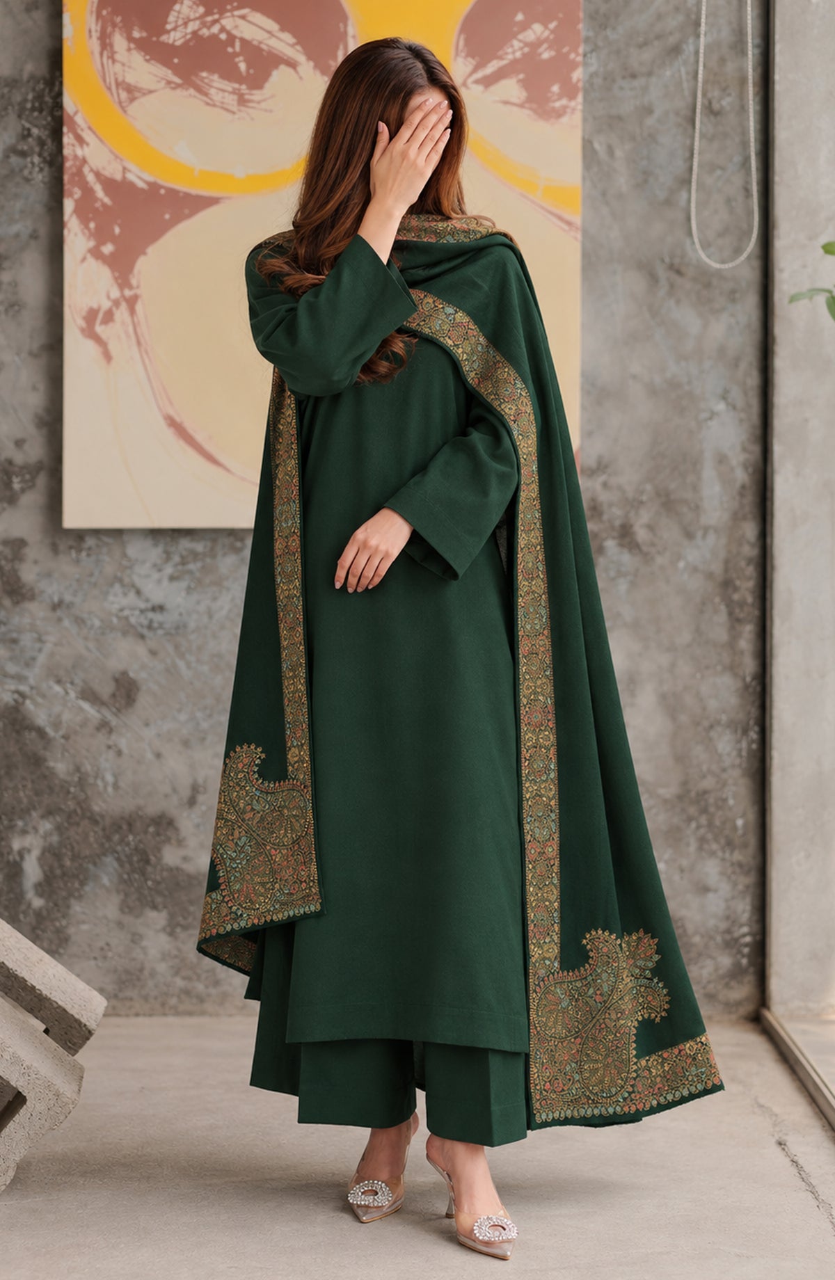 Gulposh by Amna Khadija Dyed Pashmina Unstitched 3 Piece Suit - AKG-02 - AF26AUR - Green - Winter Collection