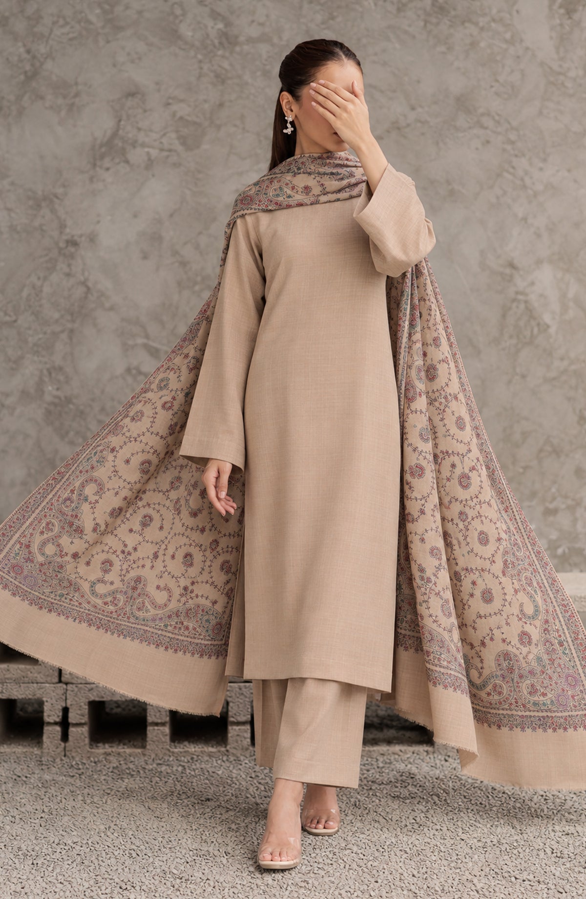 Gulposh by Amna Khadija Dyed Pashmina Unstitched 3 Piece Suit - AKG-05 - AM26GLP - Skin - Winter Collection
