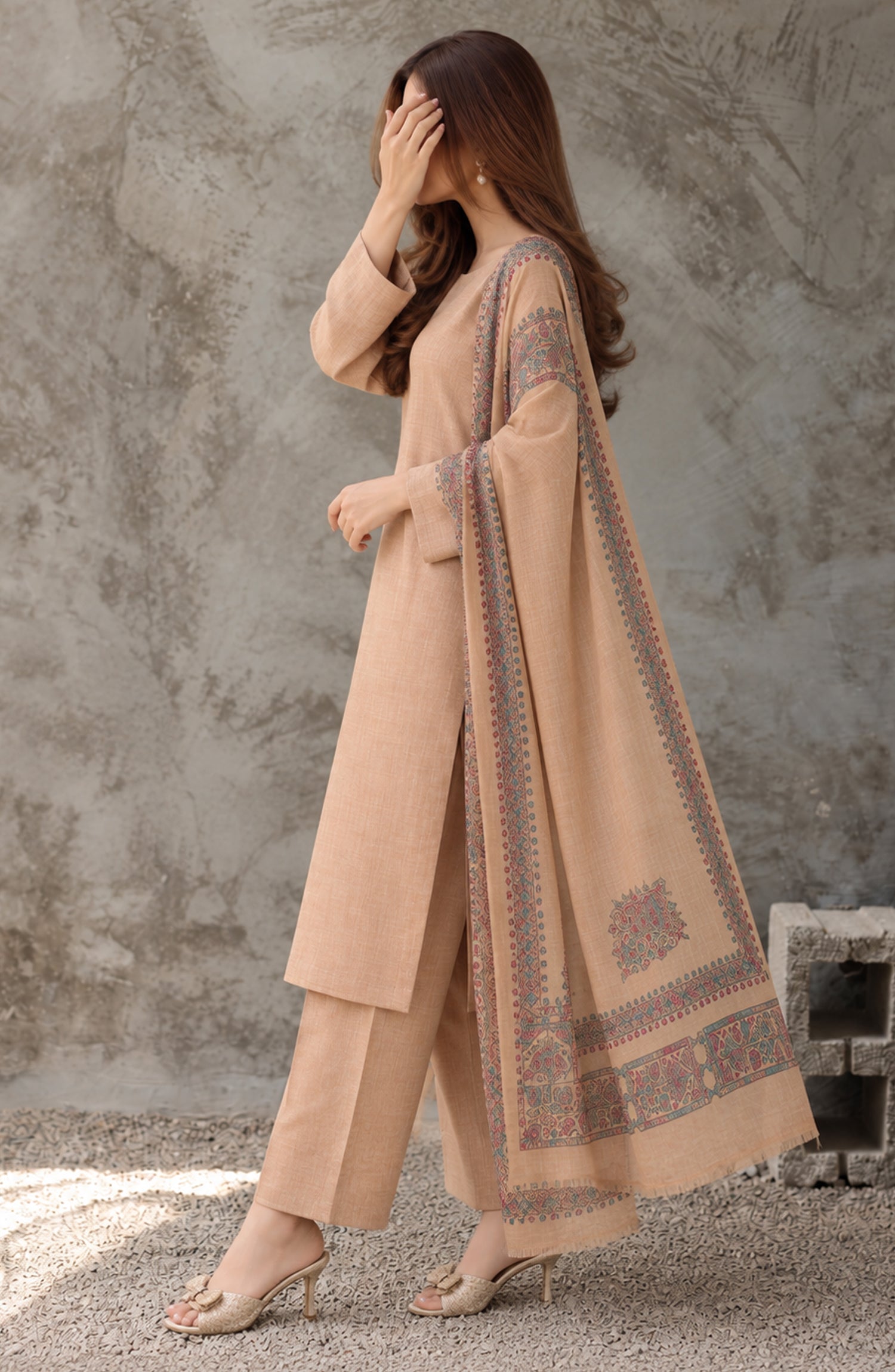 Gulposh by Amna Khadija Dyed Pashmina Unstitched 3 Piece Suit - AKG-07 - AM26GLP - Fawn - Winter Collection