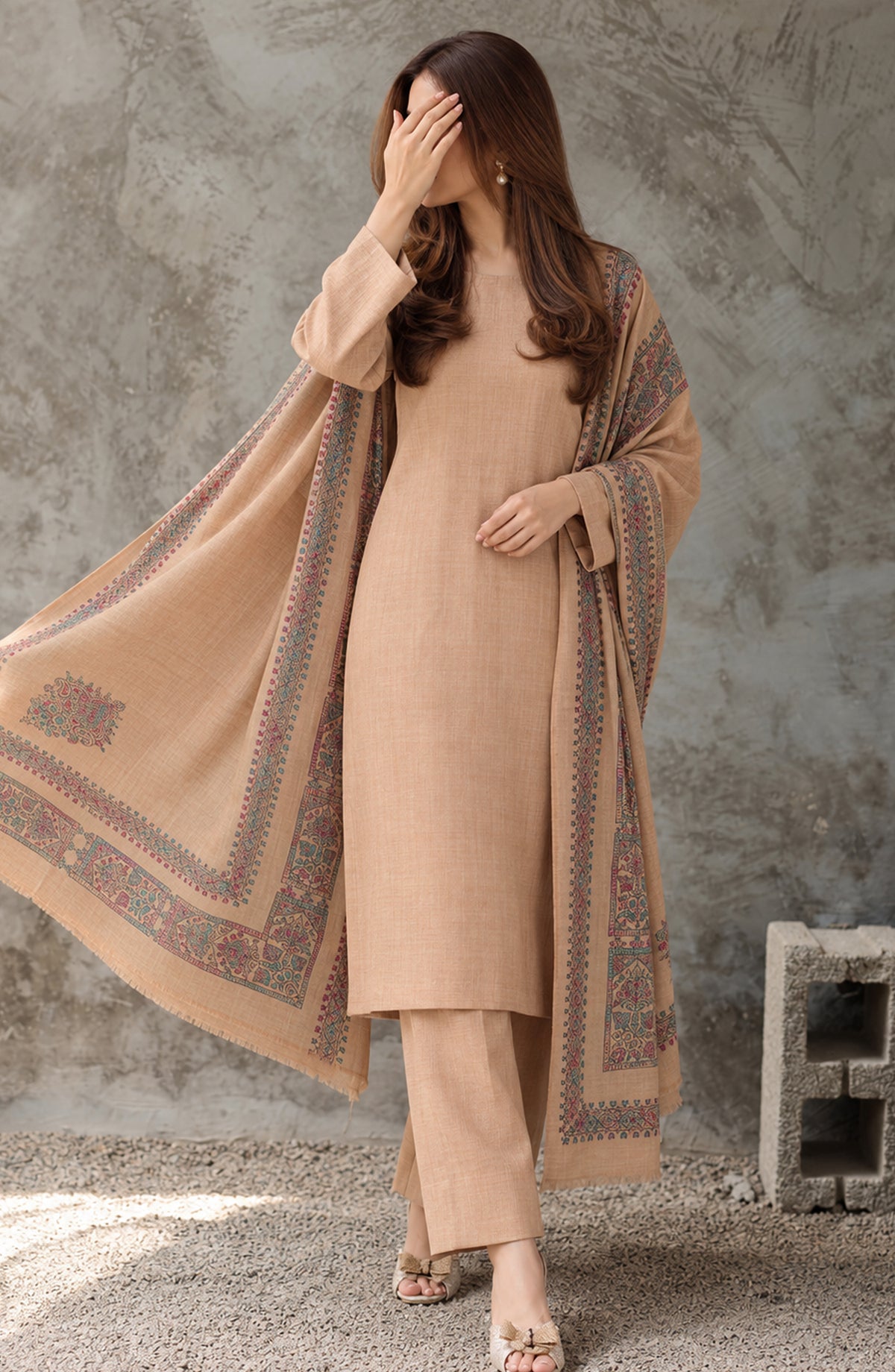 Gulposh by Amna Khadija Dyed Pashmina Unstitched 3 Piece Suit - AKG-07 - AM26GLP - Fawn - Winter Collection