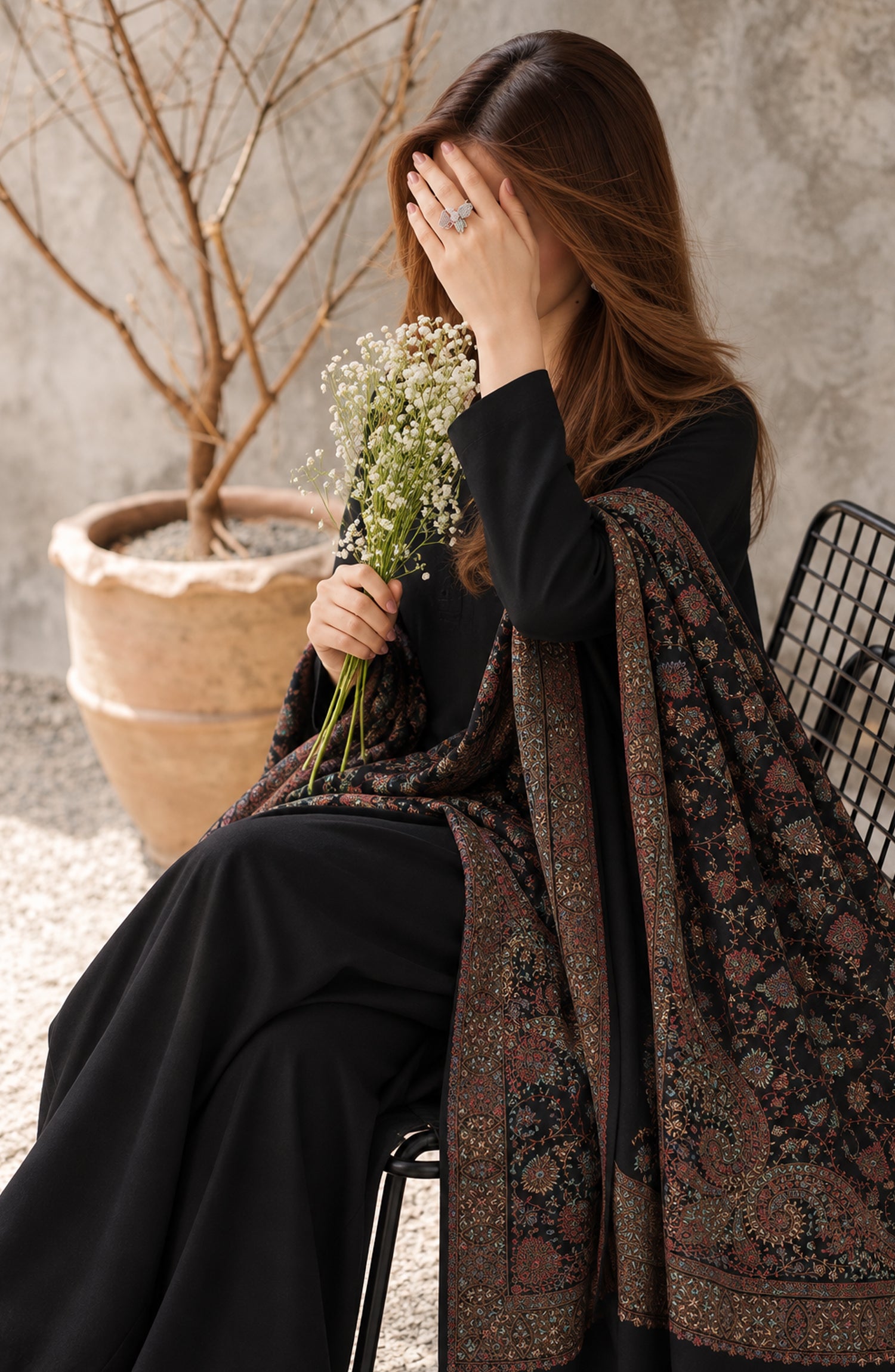 Gulposh by Amna Khadija Dyed Pashmina Unstitched 3 Piece Suit - AKG-08 - AM26GLP - Black - Winter Collection