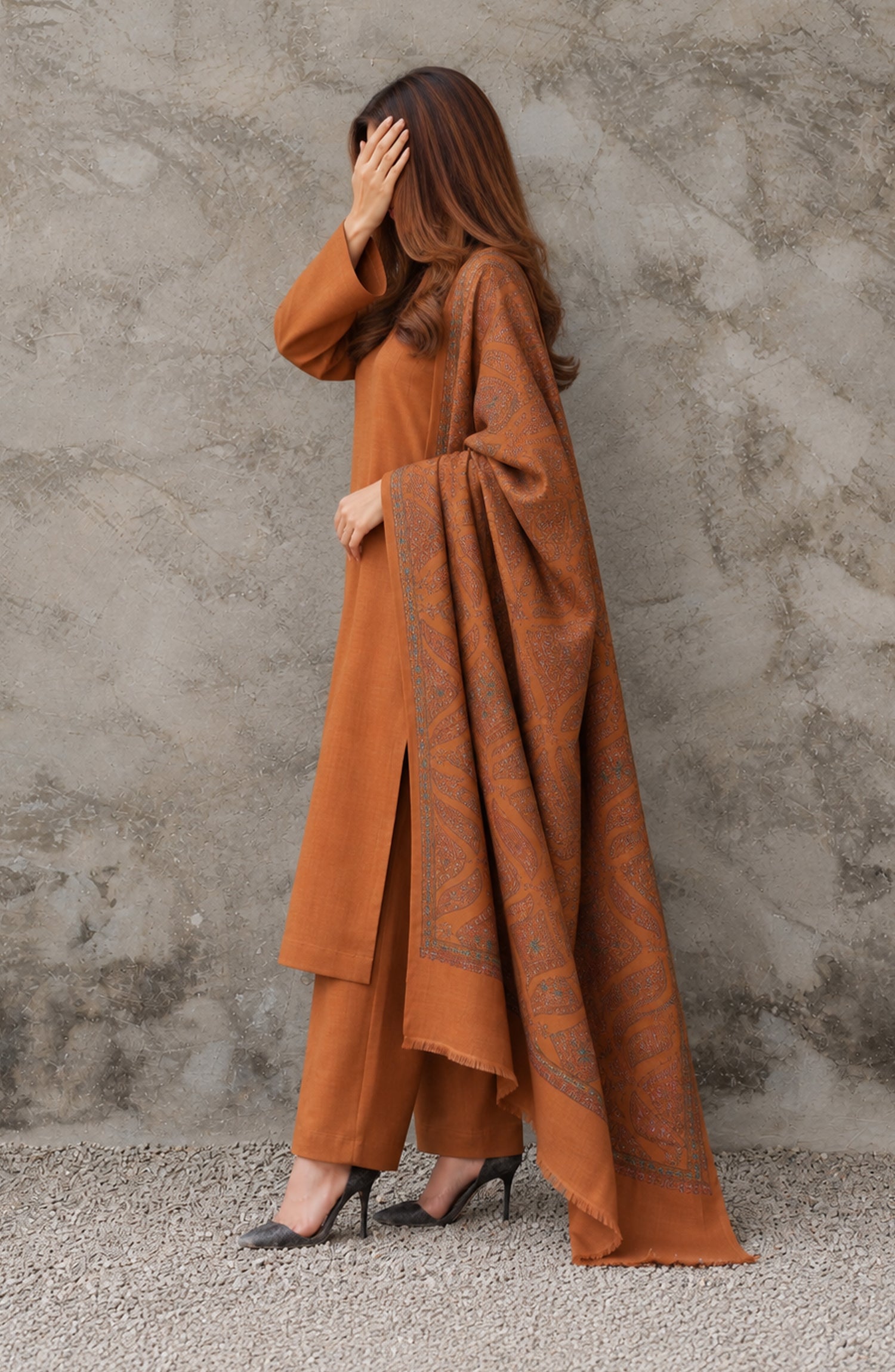 Gulposh by Amna Khadija Dyed Pashmina Unstitched 3 Piece Suit - AKG-09 - AM26GLP - Rust - Winter Collection