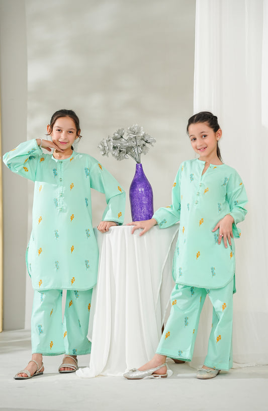 Guriya by Amna Khadija Embroidered Cotton Stitched 2 Piece Suit - GCE-06 - AM26GUR - Sea Green - Girls Collection