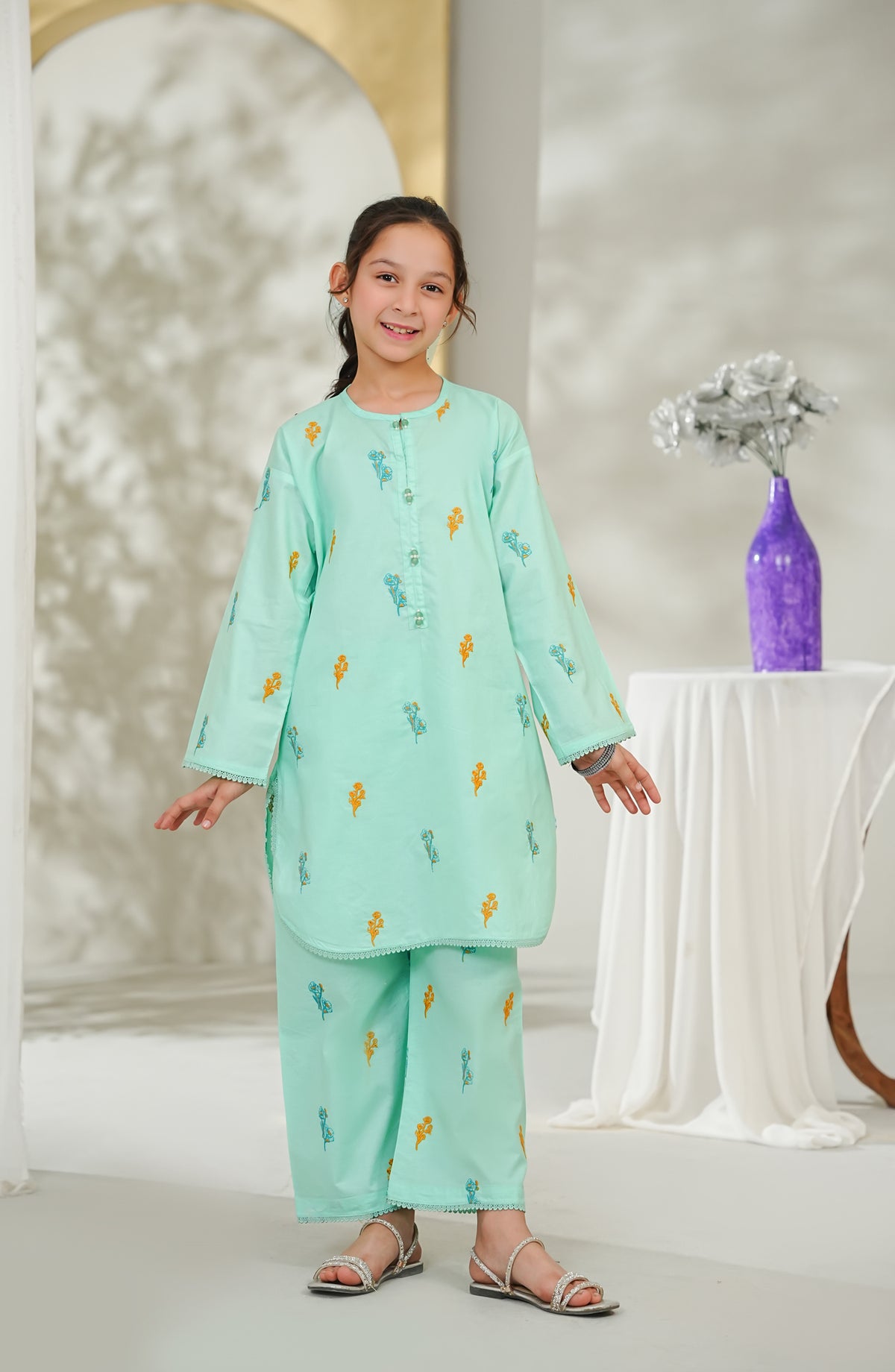 Guriya by Amna Khadija Embroidered Cotton Stitched 2 Piece Suit - GCE-06 - AM26GUR - Sea Green - Girls Collection