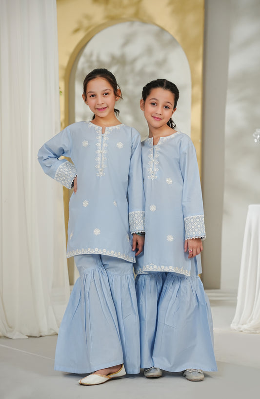 Guriya by Amna Khadija Embroidered Cotton Stitched 2 Piece Suit - GCE-07 - AM26GUR - Light Blue - Girls Collection