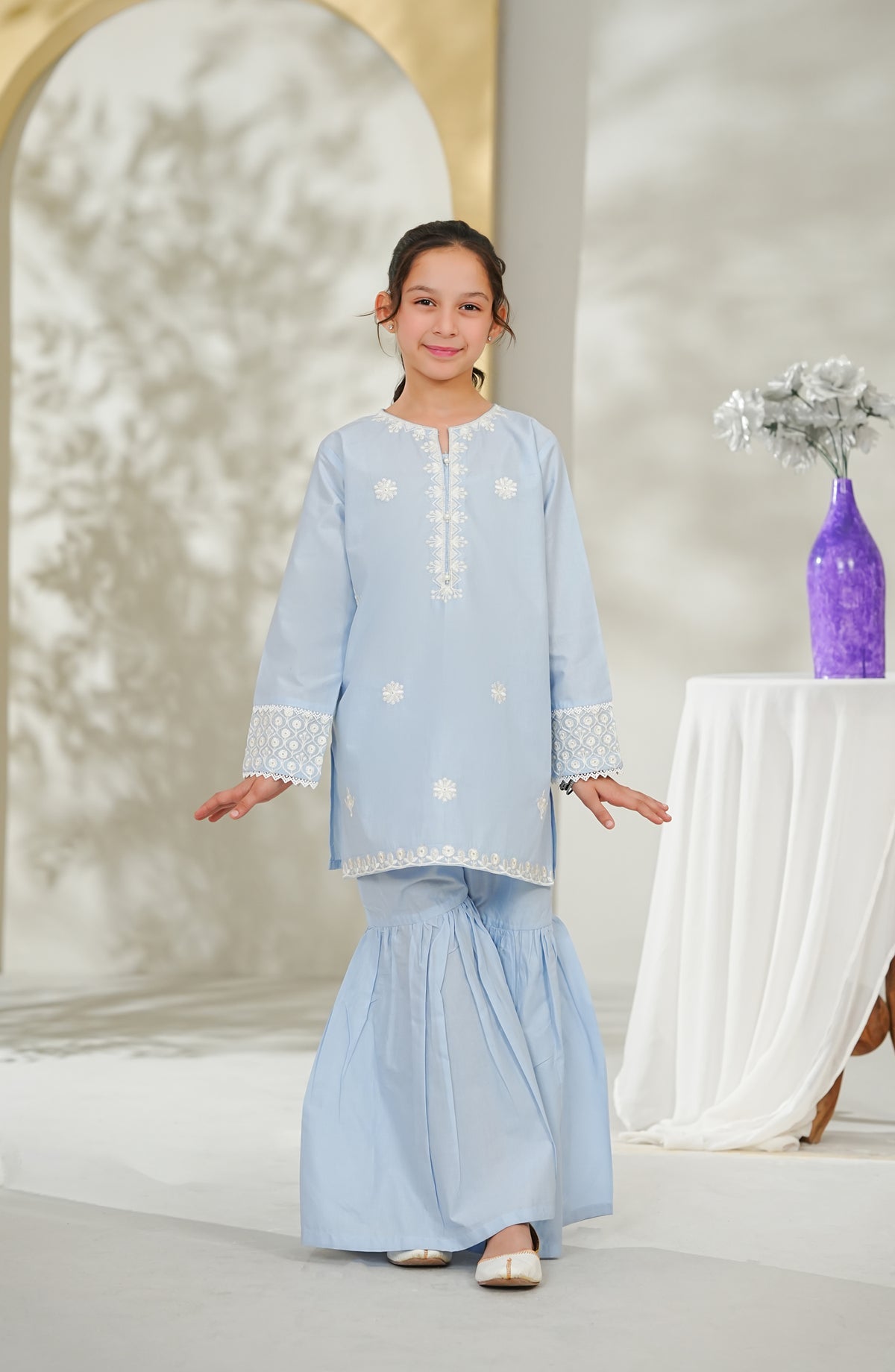 Guriya by Amna Khadija Embroidered Cotton Stitched 2 Piece Suit - GCE-07 - AM26GUR - Light Blue - Girls Collection
