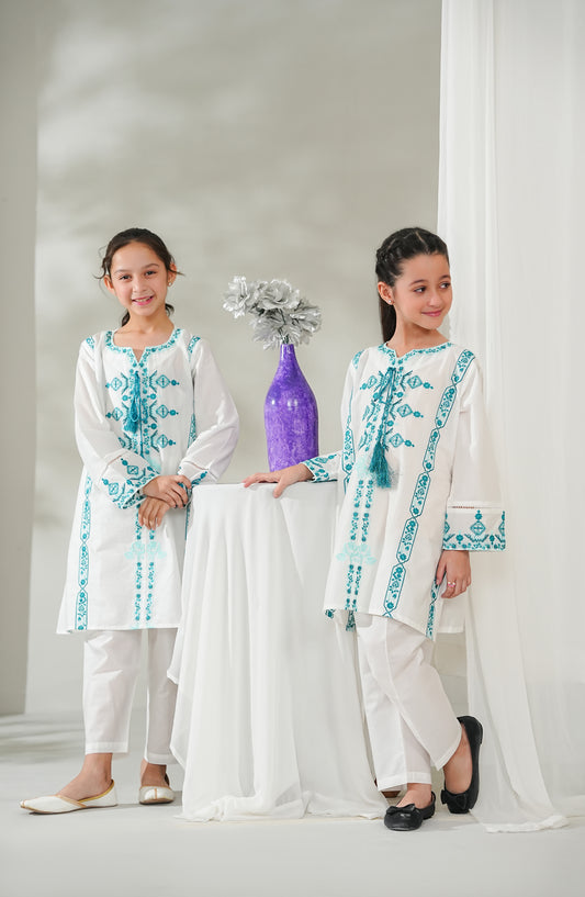 Guriya by Amna Khadija Embroidered Cotton Stitched 2 Piece Suit - GCE-08 - AM26GUR - White - Girls Collection