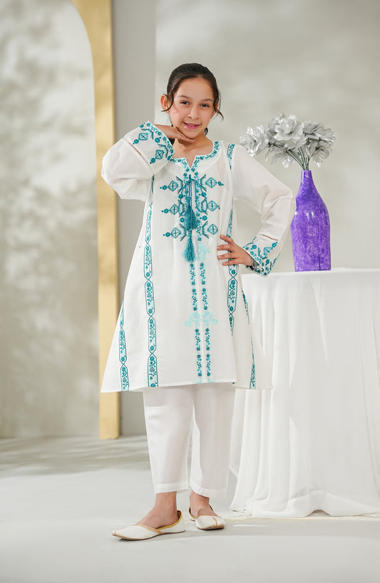 Guriya by Amna Khadija Embroidered Cotton Stitched 2 Piece Suit - GCE-08 - AM26GUR - White - Girls Collection