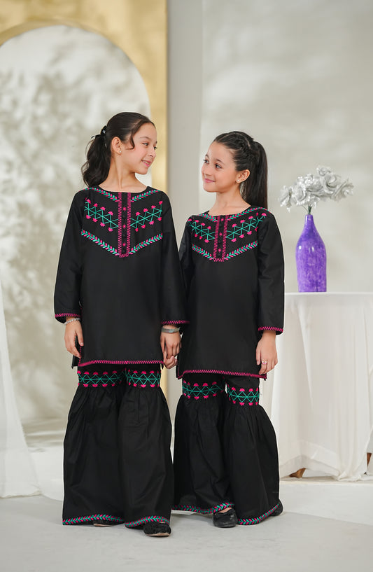 Guriya by Amna Khadija Embroidered Cotton Stitched 2 Piece Suit - GCE-09 - AM26GUR - Black - Girls Collection