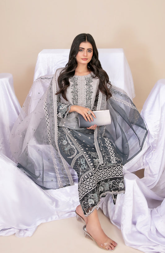 Guzarish by Tawakkal Fabrics Fancy Embroidered Organza Semi-Stitched 3 Piece Suit - D-4445 - TF25GZR - Grey - Festive Collection