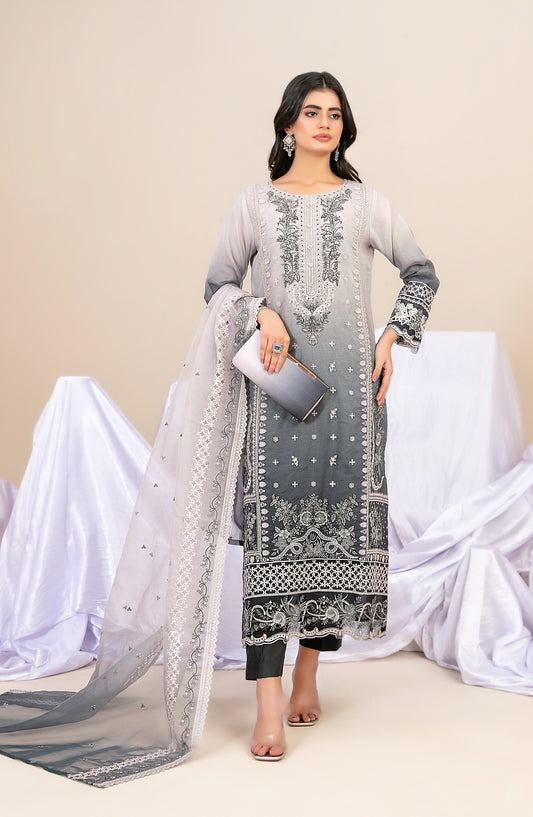 Guzarish by Tawakkal Fabrics Fancy Embroidered Organza Semi-Stitched 3 Piece Suit - D-4445 - TF25GZR - Grey - Festive Collection