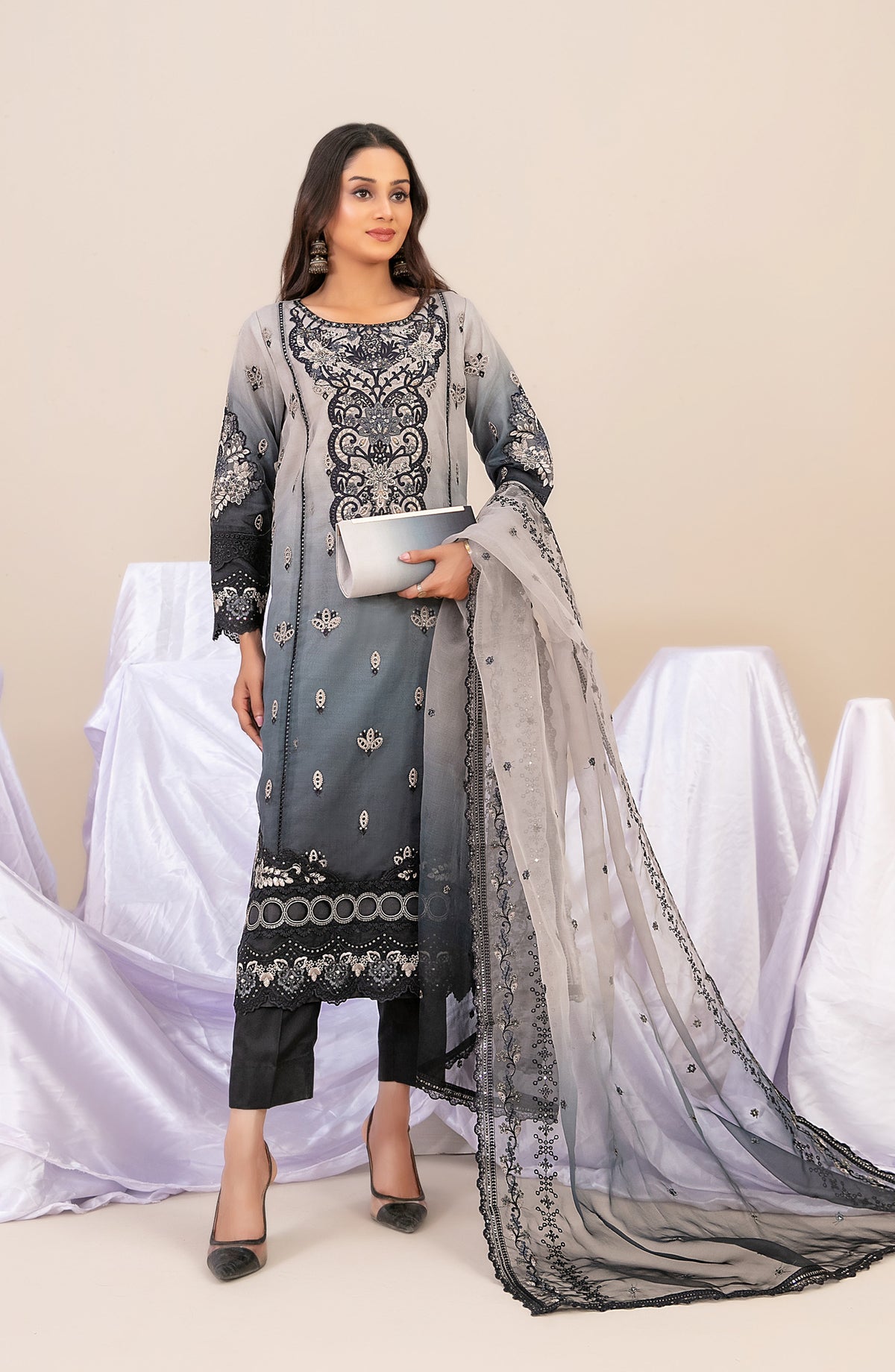 Guzarish by Tawakkal Fabrics Fancy Embroidered Organza Semi-Stitched 3 Piece Suit - D-4444 - TF25GZR - Grey - Festive Collection