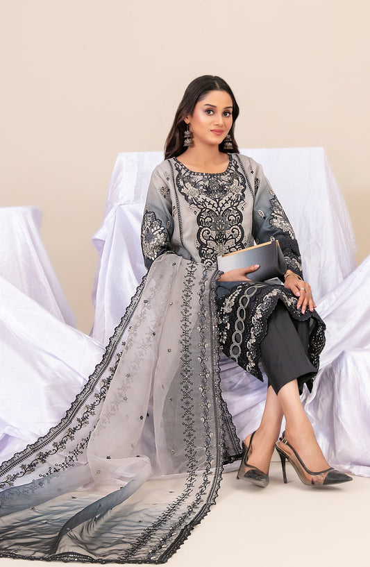 Guzarish by Tawakkal Fabrics Fancy Embroidered Organza Semi-Stitched 3 Piece Suit - D-4444 - TF25GZR - Grey - Festive Collection