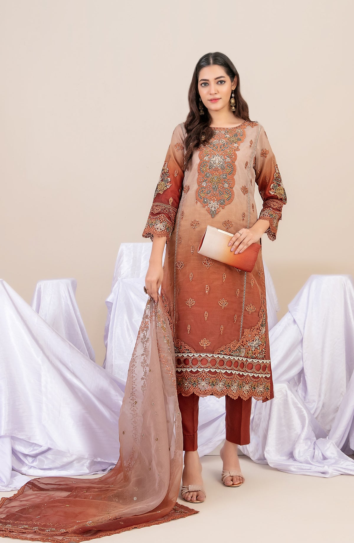 Guzarish by Tawakkal Fabrics Fancy Embroidered Organza Semi-Stitched 3 Piece Suit - D-4443 - TF25GZR - Rust - Festive Collection