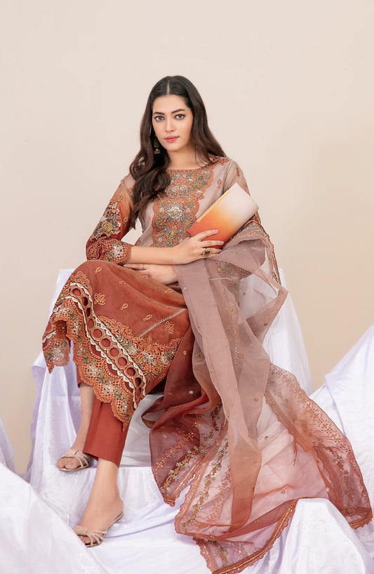 Guzarish by Tawakkal Fabrics Fancy Embroidered Organza Semi-Stitched 3 Piece Suit - D-4443 - TF25GZR - Rust - Festive Collection